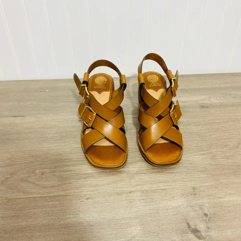 Used women Vince Camuto Penina Tailored Leather Heeled Sandal size 6.5 no box - Picture 2 of 9